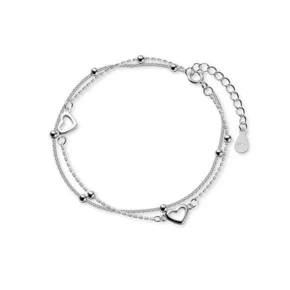 925 Sterling Silver Double Layer Bracelet Heart For Women Sweet Chain St… - Picture 6 of 6